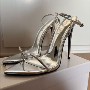 FEMME Los Angeles Silver High Heels with Open Toe and Thin Straps
